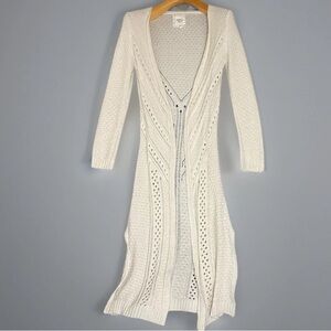Women’s Beige Knit Crochet Open Front Long Duster Sweater Boho Cottagecore Sz S